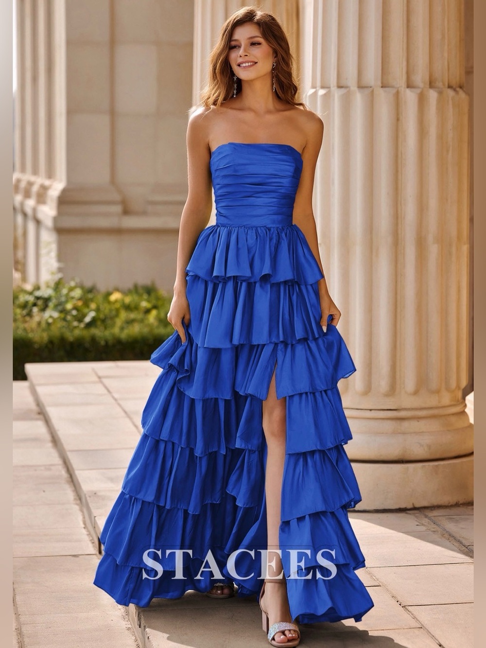 NWT Stacees Royal Blue Strapless Tiered Ruffle Gown - 8